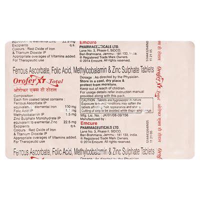 Orofer XT Total Tablet with Iron, Folic Acid, Methylcobalamin & Zinc Sulphate | For Mineral Support 10 tablet